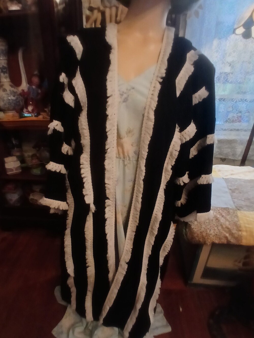 Ladies Maxi Black and White Striped Fringe Kimono Unique Boho By Unmatched